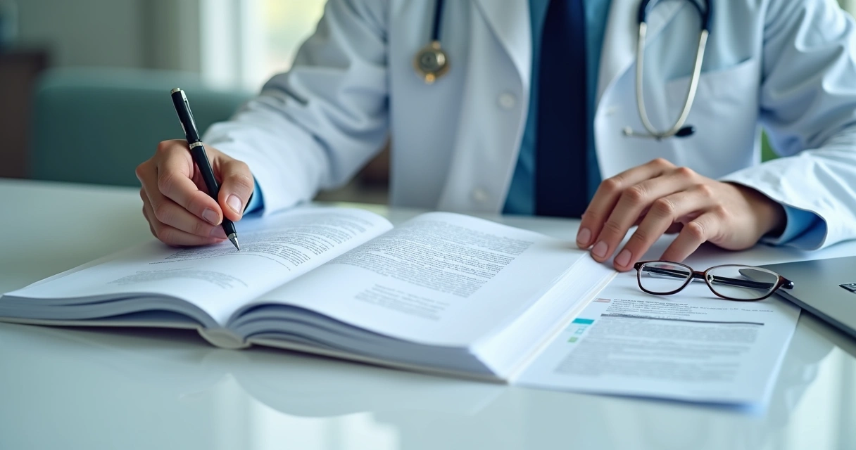 Médico revisando prontuários e documentos jurídicos 