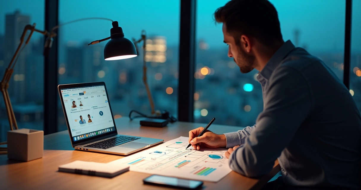 Empresário planejando estratégia de lançamento de consultoria em escritório moderno 