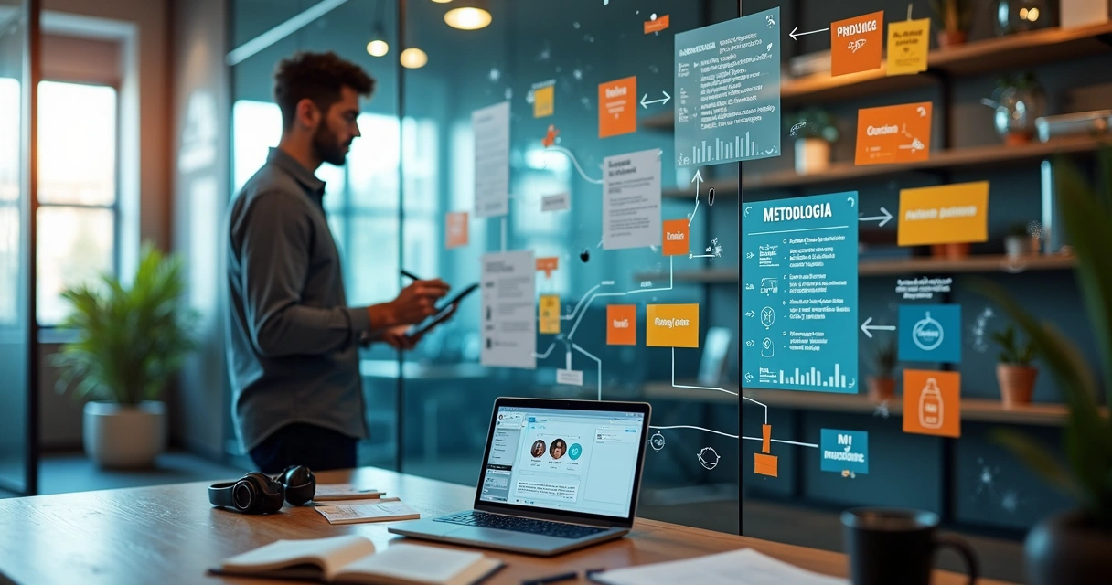 Mentor organiza passo a passo de mentoria online em quadro dividido por etapas 