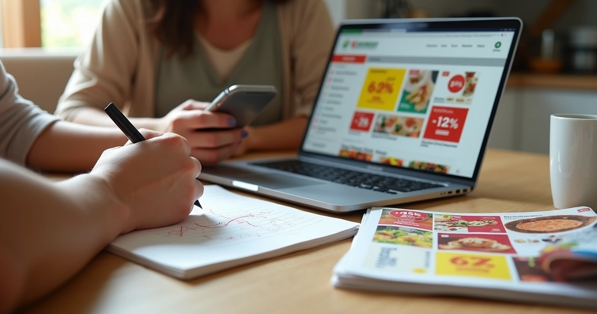 Família planejando lista de compras no computador e celular sobre a mesa da cozinha 