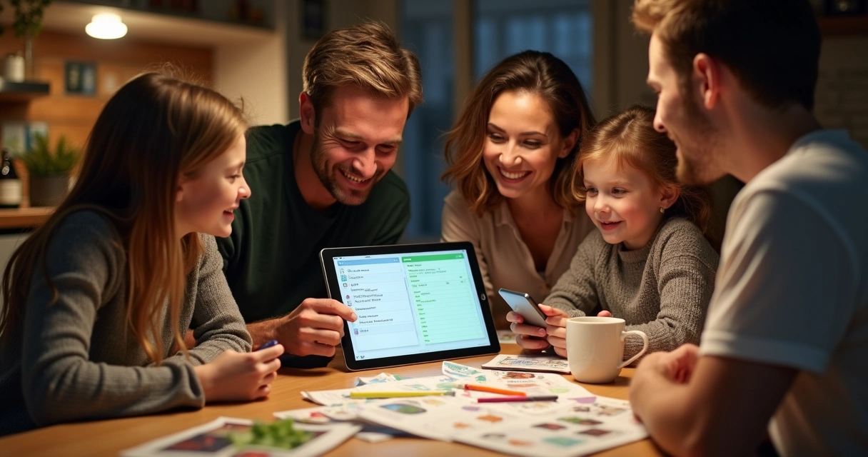 Família fazendo lista de compras digital compartilhada em tablet 