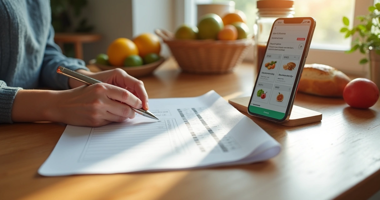 Pessoa com lista de compras organizada, caneta e aplicativo de celular com promoções 
