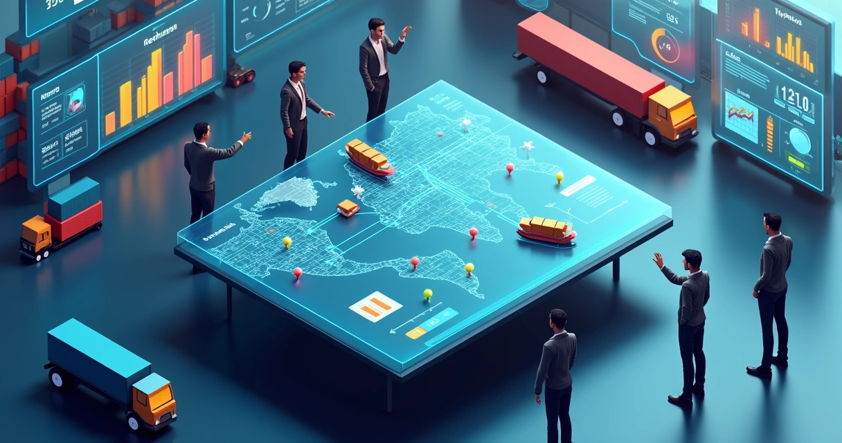 Painel de planejamento logístico com mapa, contêineres e linha do tempo de entregas em 3D 