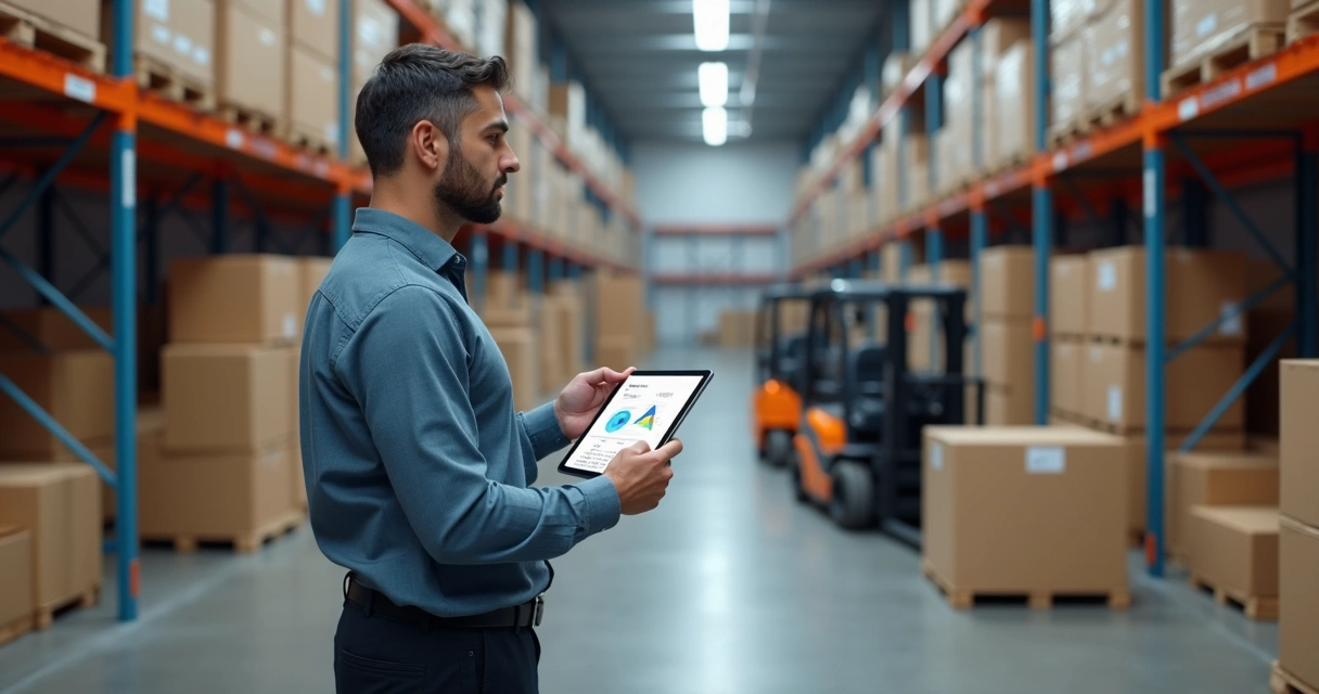 Profissional usando tablet para planejamento logístico com dados de cubagem em tela. 