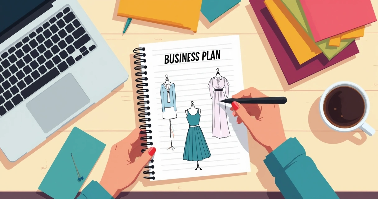 Pessoa desenhando plano de loja de roupas em caderno com computador ao lado 