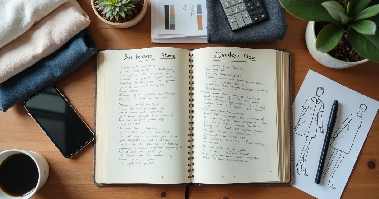 Mesa com caderno, tecidos, celular e planejamento de loja de roupas 