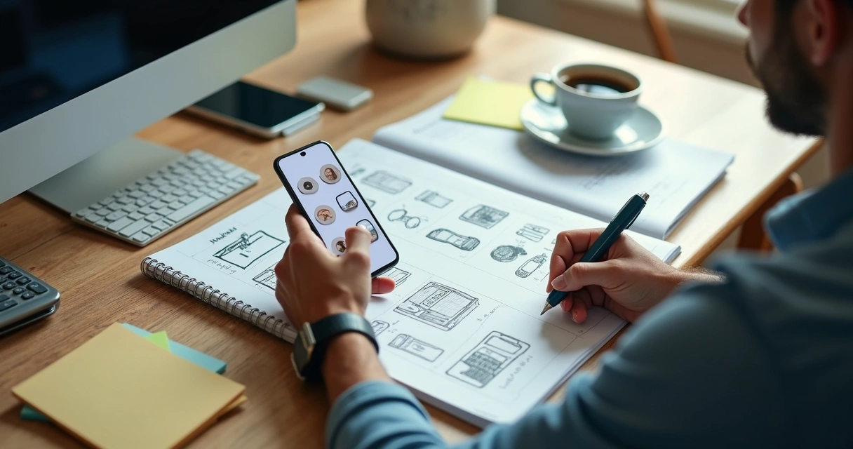 Pessoa organizando plano de lojinha online com celular e caderno 