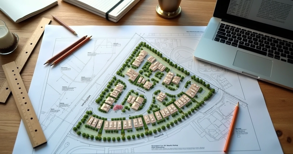 Mesa de arquitetura com mapa urbanístico detalhado de loteamento, plantas, régua e laptop 