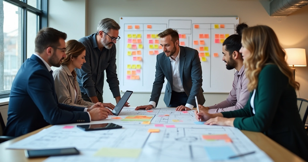 Equipe discutindo atividades da obra com quadro de planejamento