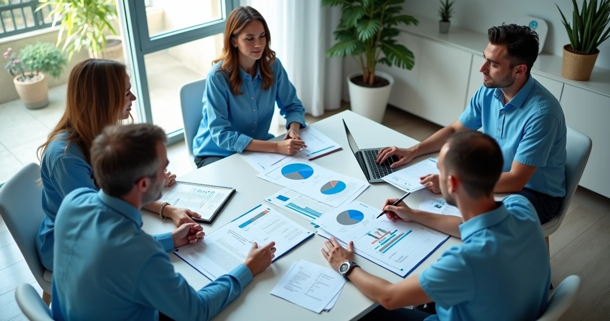Equipe planejando comunicação de clínica com calendário e indicadores 