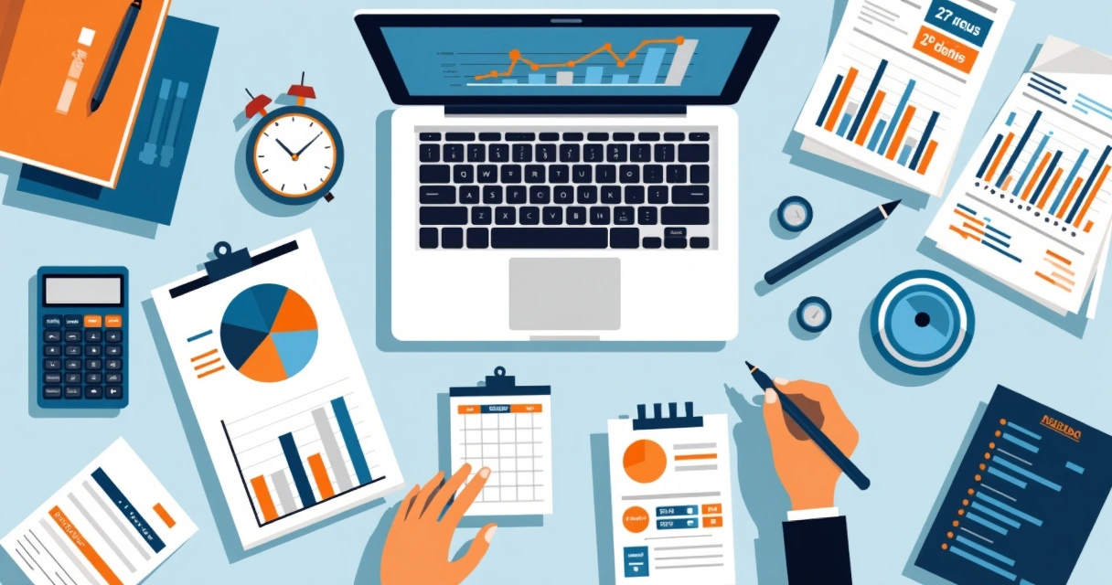 Gráfico de estratégia e planejamento com elementos de contabilidade. 