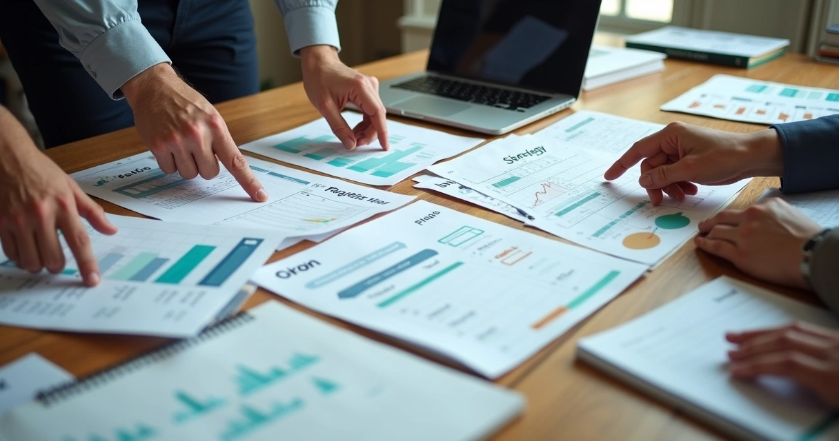 Mesa com material de planejamento de outbound contábil 