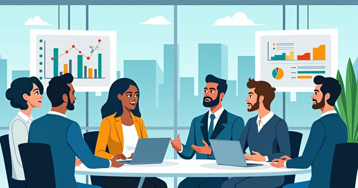 Grupos de empresários em reunião de planejamento em Curitiba, com elementos digitais 