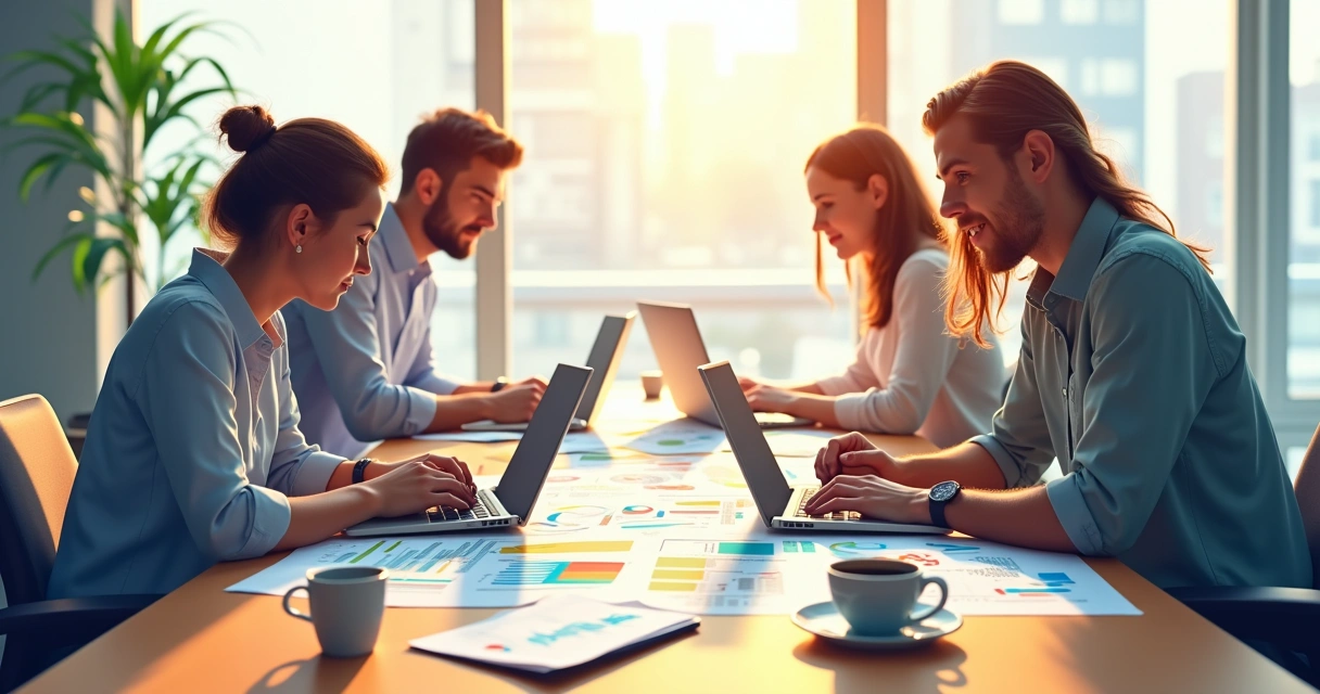 Mesa com planos e gráficos de marketing e equipe reunida 