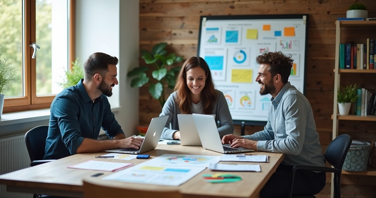 Mesa de trabalho com planejamento de marketing digital e equipe reunida.