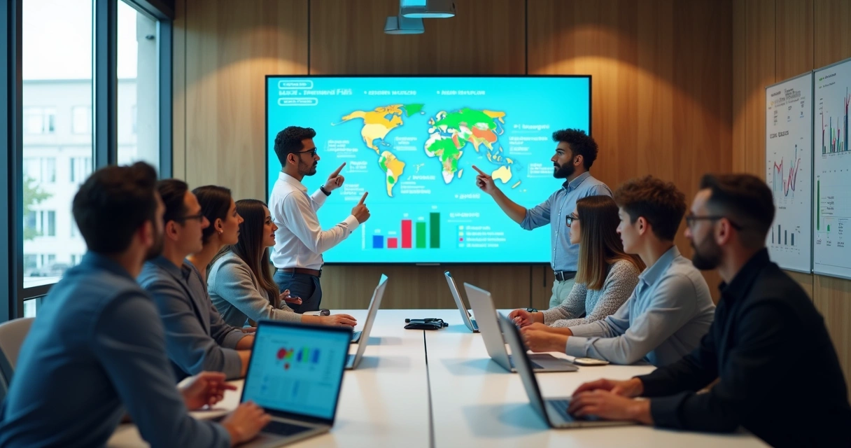 Equipe reunida em sala de reunião analisando gráficos de desempenho em um grande monitor 