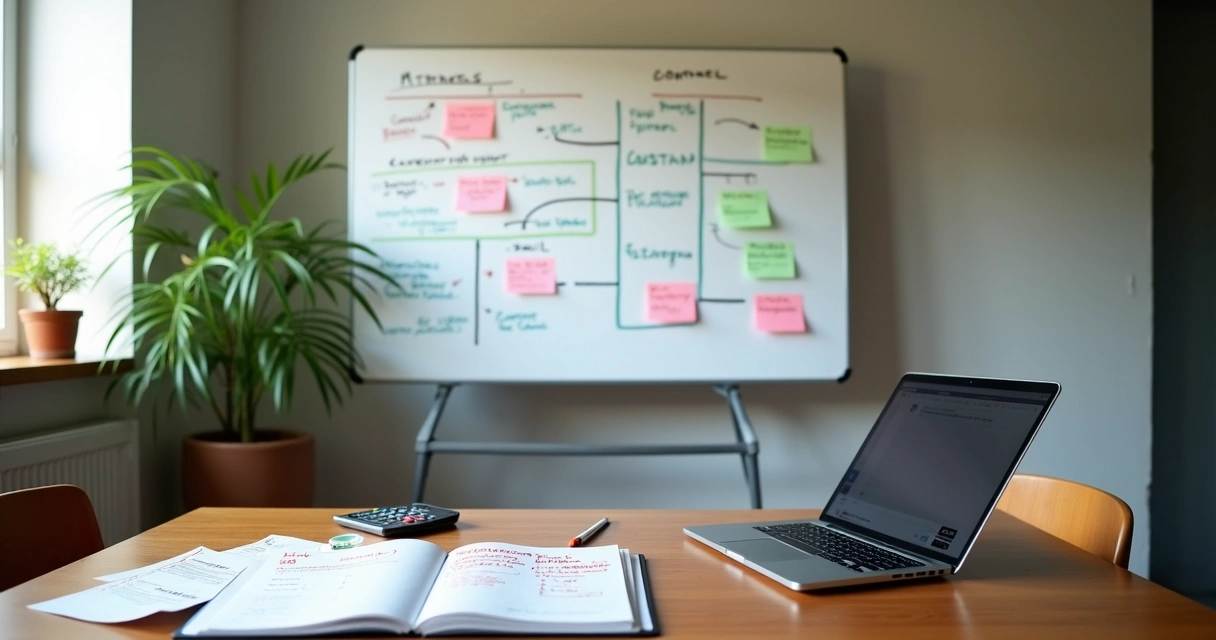 Mesa com quadro branco mostrando plano de marketing enxuto para PME 