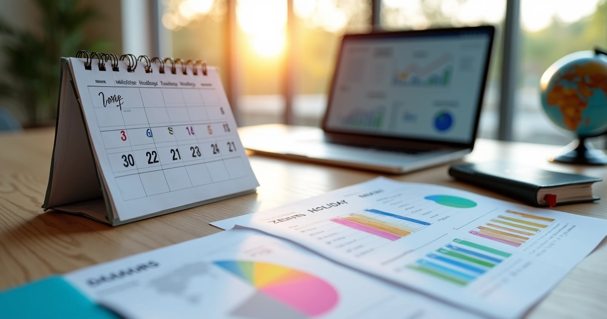 Mesa com calendário aberto em página de feriados prolongados, ao lado laptop exibindo gráficos de marketing digital e anotações coloridas 