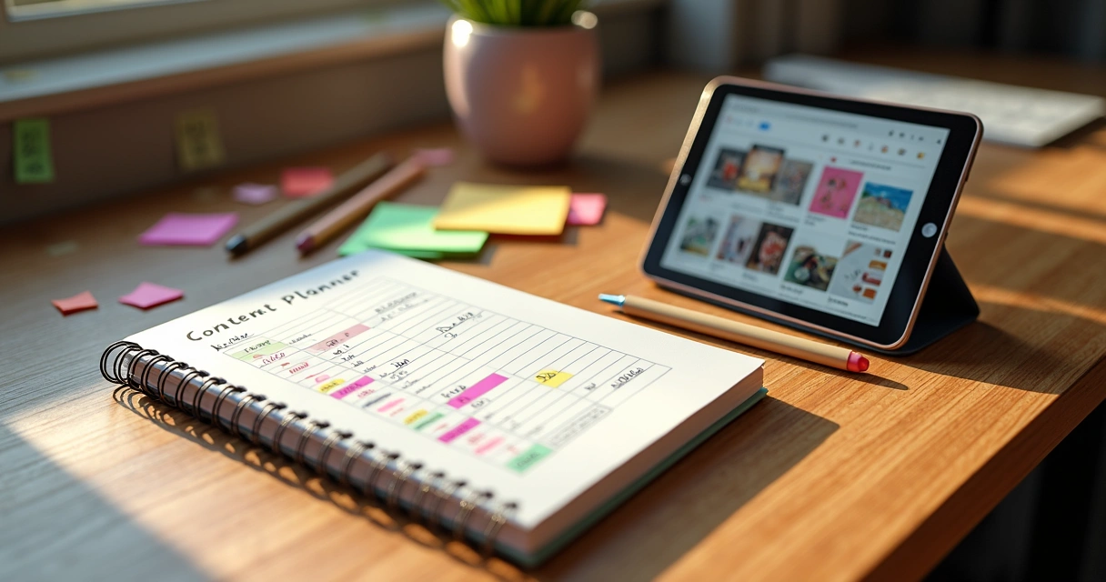Mesa com planner, caneta, post-its coloridos e tela mostrando plano de conteúdo 