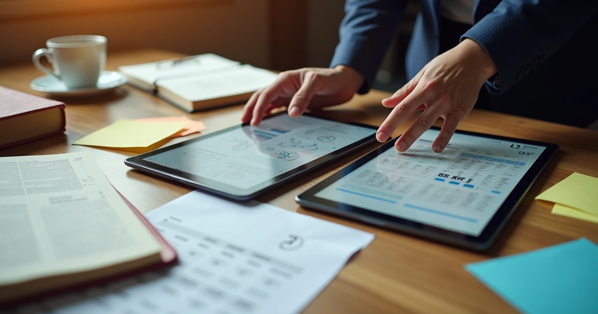 Planejamento estratégico de marketing jurídico com tablets e gráficos