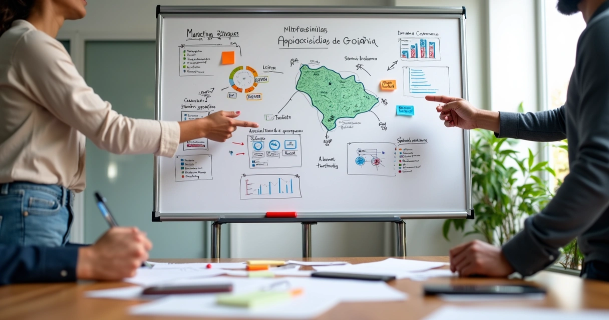 Quadro branco com planejamento de marketing local, mapas e post-its coloridos 