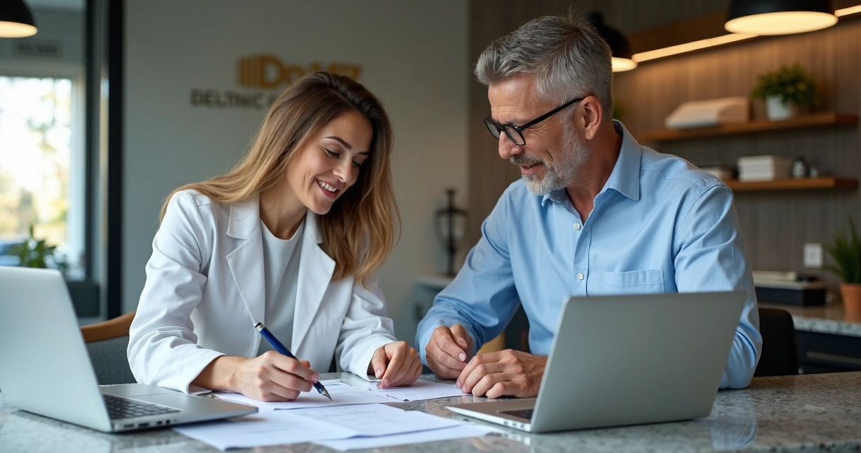 Dentista e gerente analisando planejamento de marketing em balcão