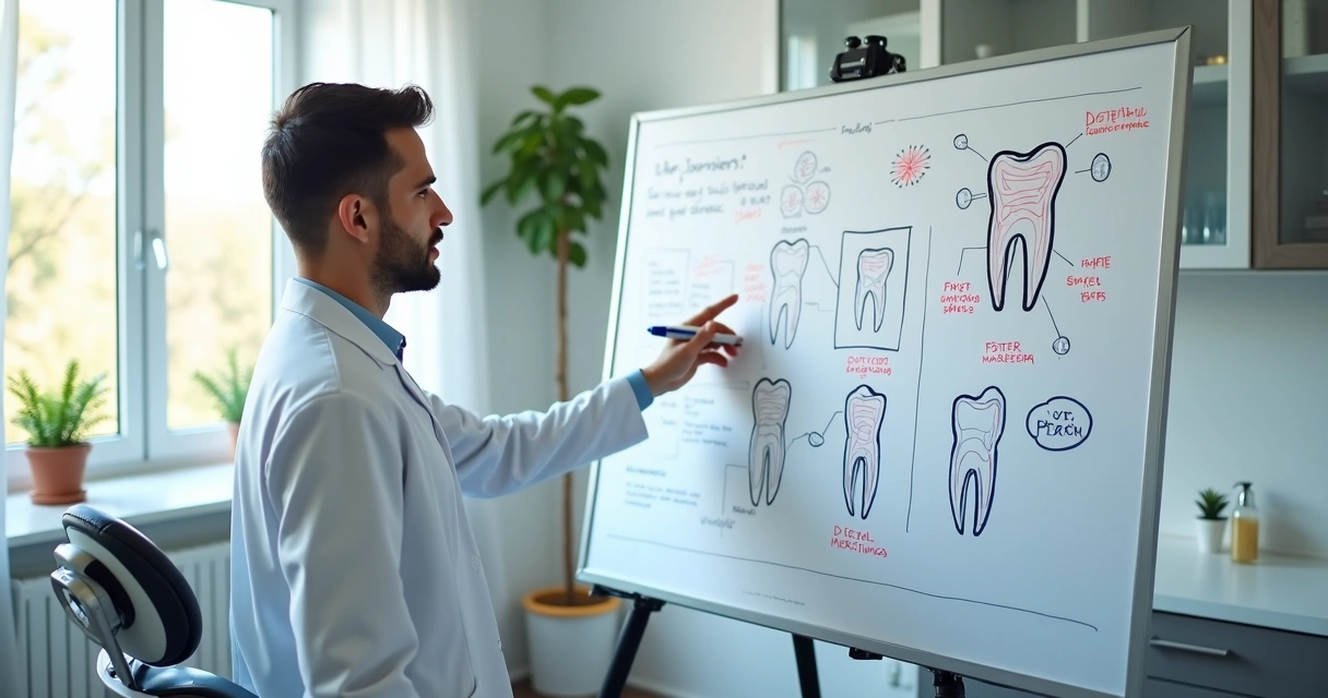 Dentista de jaleco fazendo planejamento de marketing digital em frente a um quadro branco com gráficos, anotações coloridas e imagens de dentes