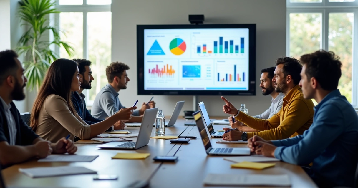 Equipe reunida analisando gráficos de marketing em tela grande 