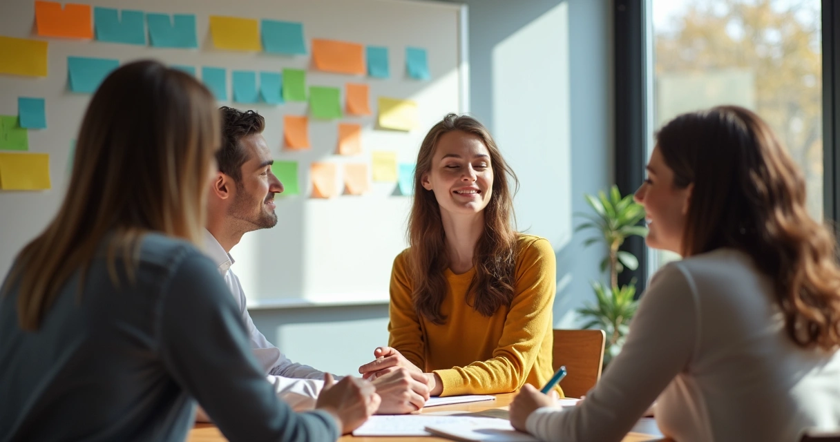 Equipe reunida planejando projeto em sala bem iluminada com quadro branco e luz natural 