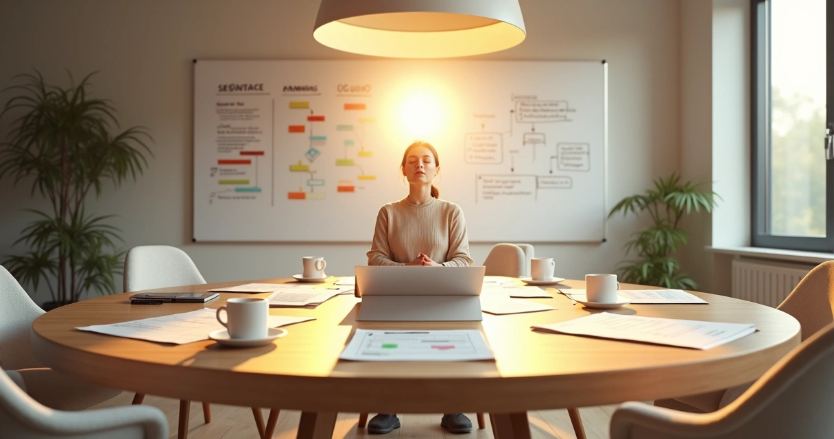 Mesa redonda com planejamento de projetos ao redor de uma pessoa em postura meditativa 