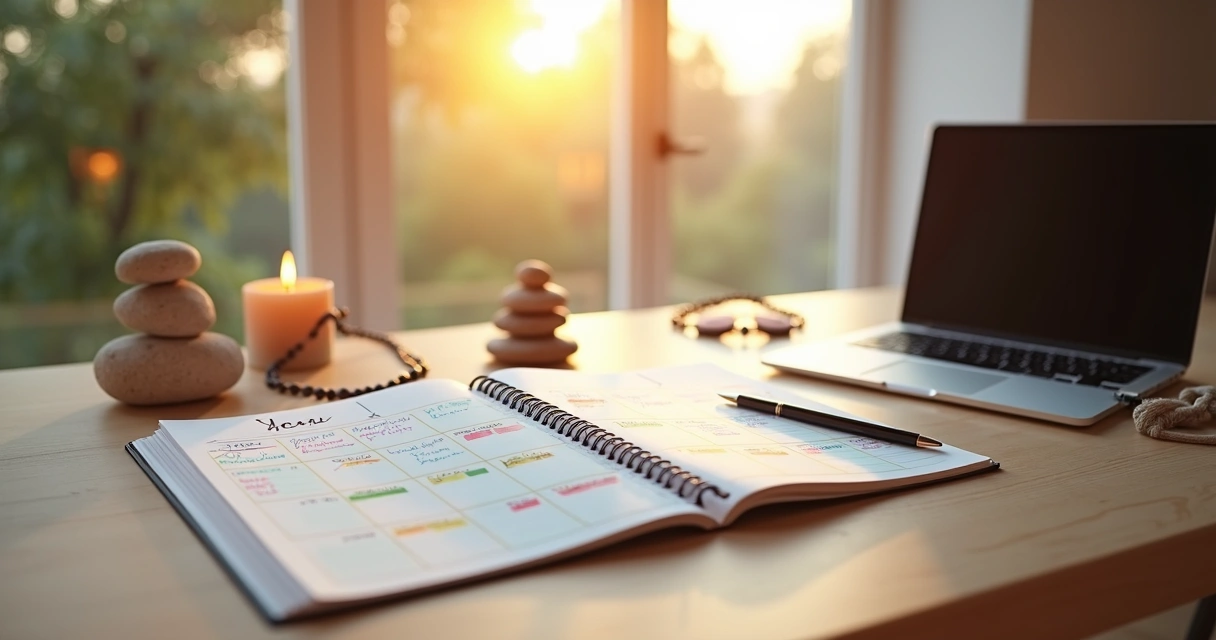 Pessoa analisando um calendário anual ao lado de objetos de meditação 