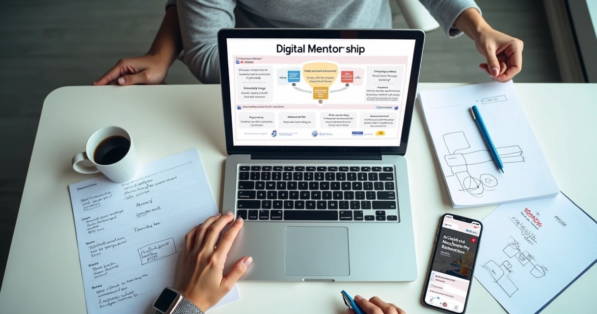 Planejamento estratégico de mentoria digital com laptop e anotações