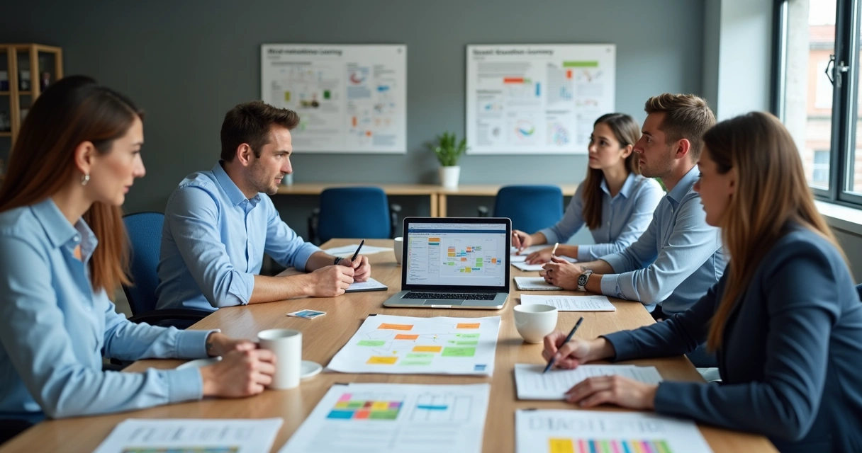 Equipe planejando jornada de mentoria em mesa de trabalho 