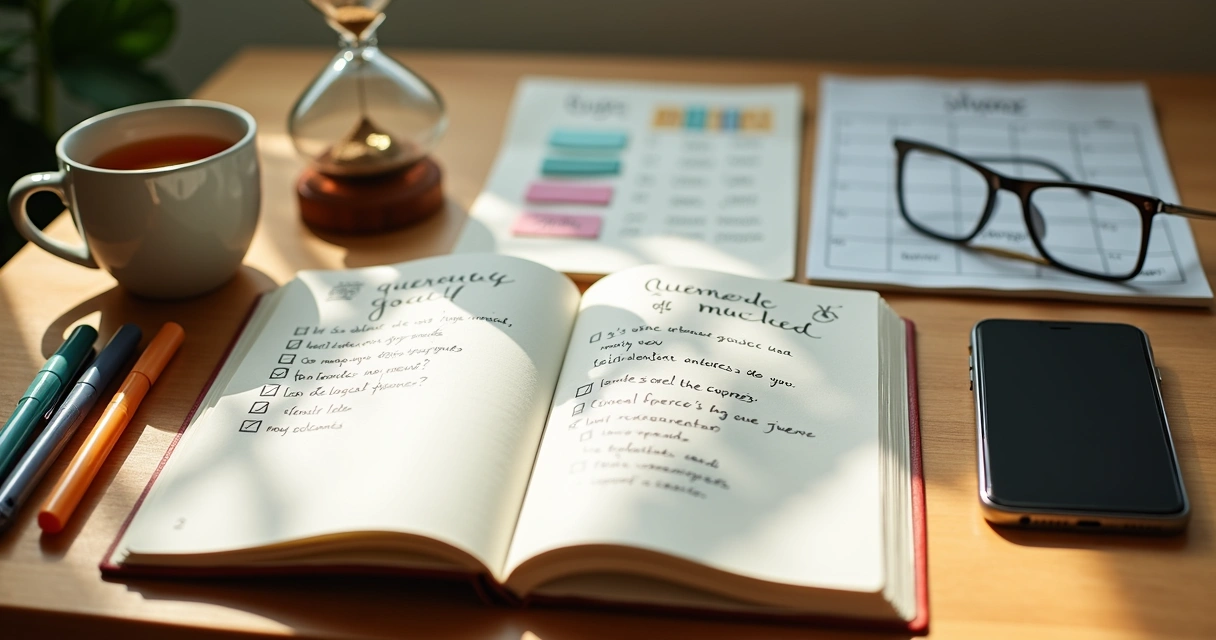 Mesa com caderno dividido em metas trimestrais e reflexões de autoconhecimento 