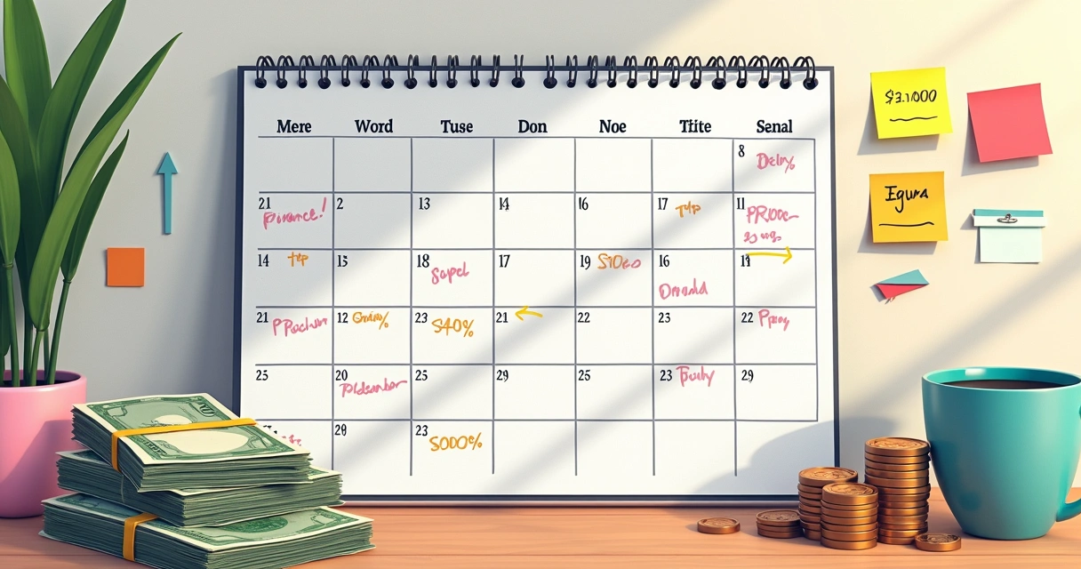 Calendário com metas escritas e dinheiro reservado ao lado 