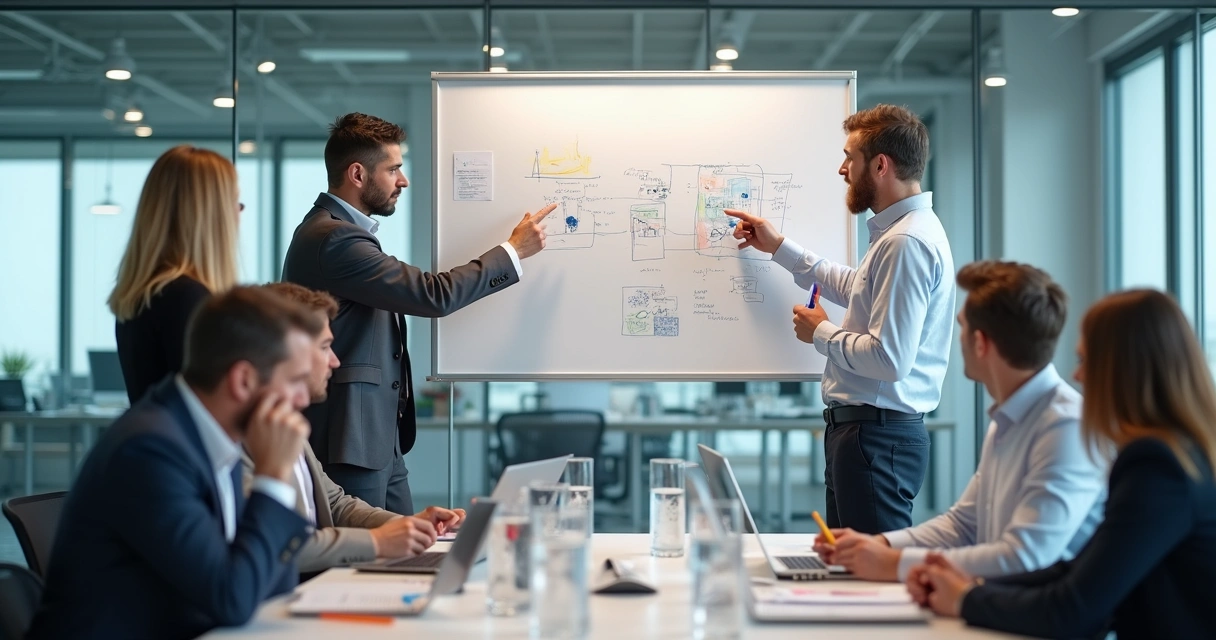 Equipe discutindo metas em quadro branco. 