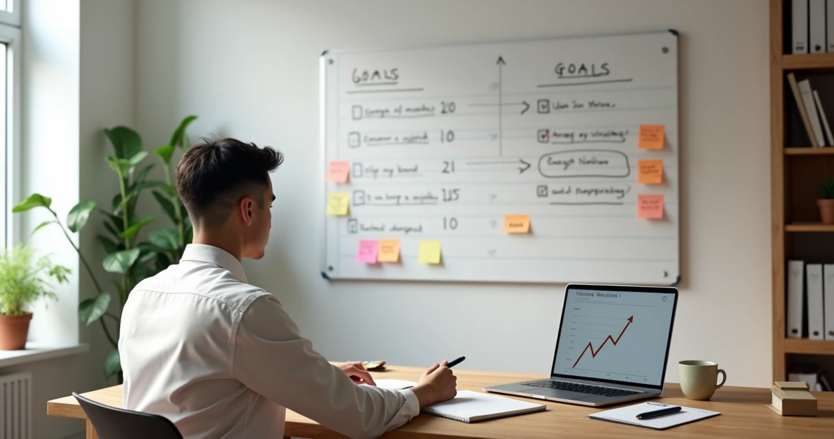 Pessoa organizando metas em quadro com foco e equilíbrio emocional 