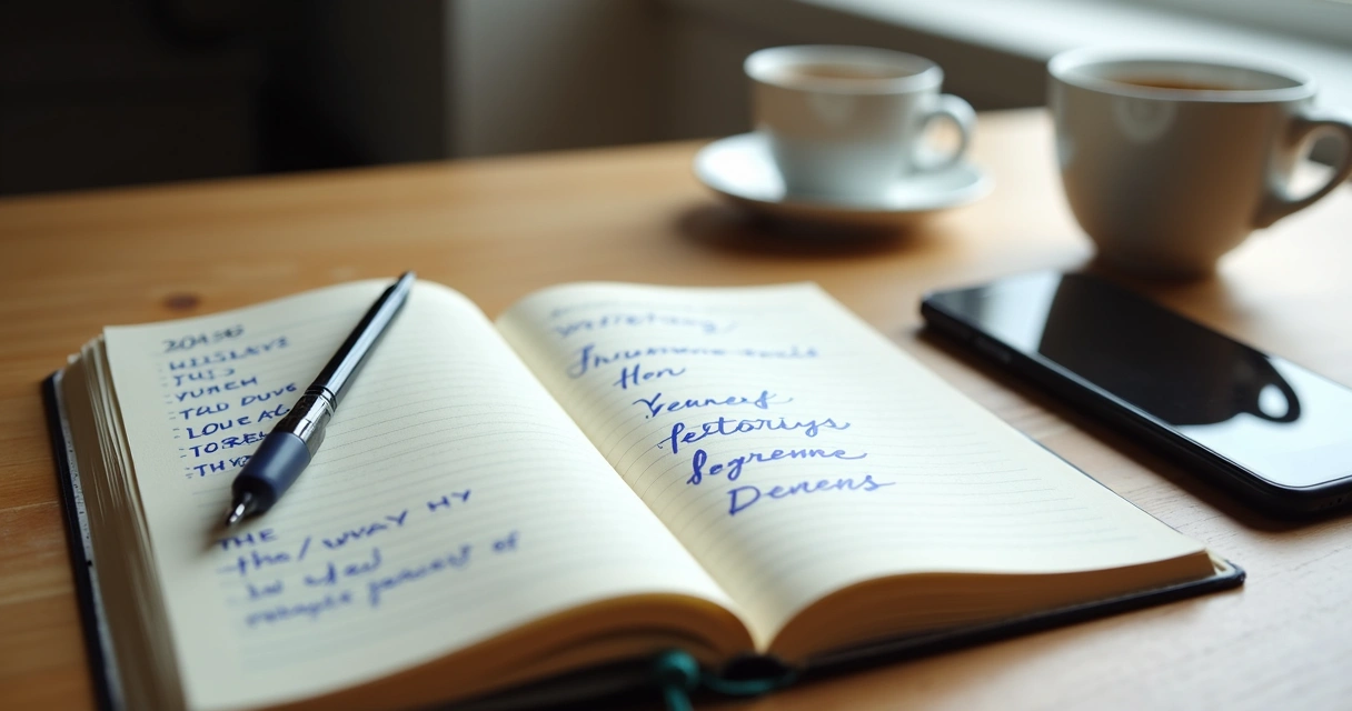 Caderno com metas do ano escritas à mão na mesa com caneta azul 