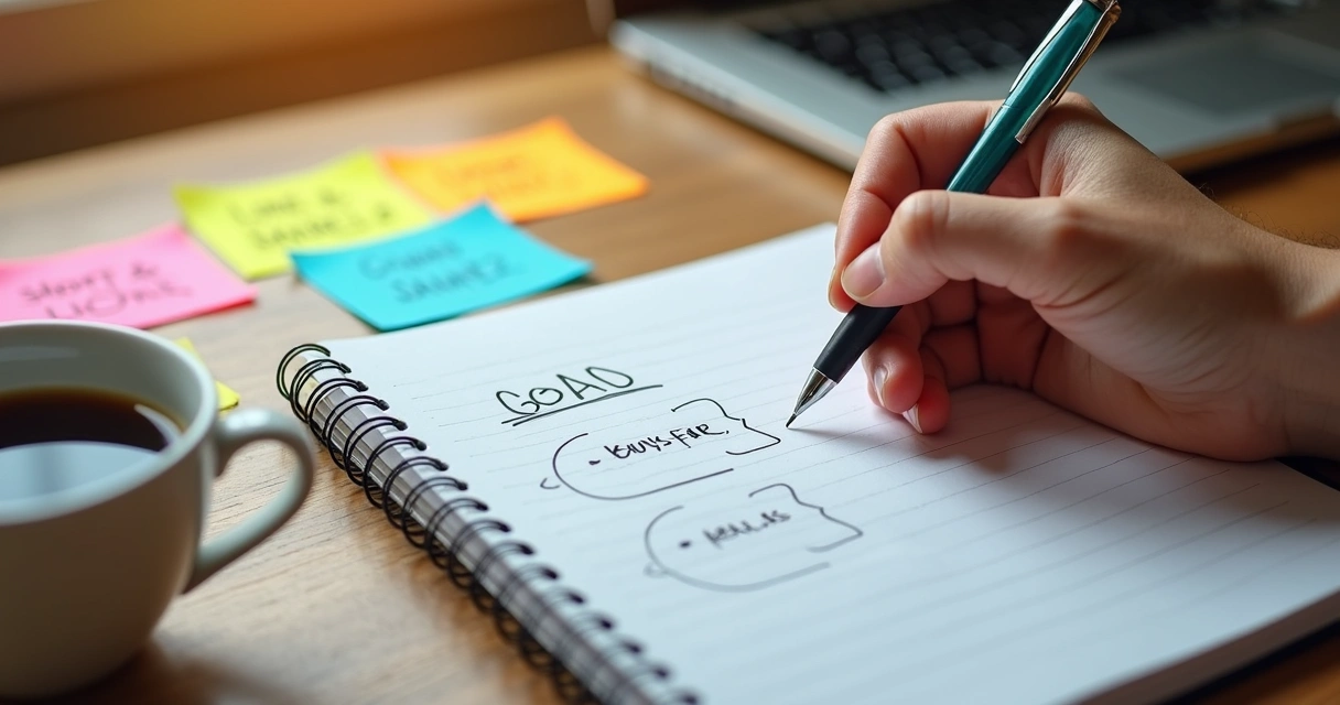 Mãos escrevendo metas financeiras e objetivos em caderno 