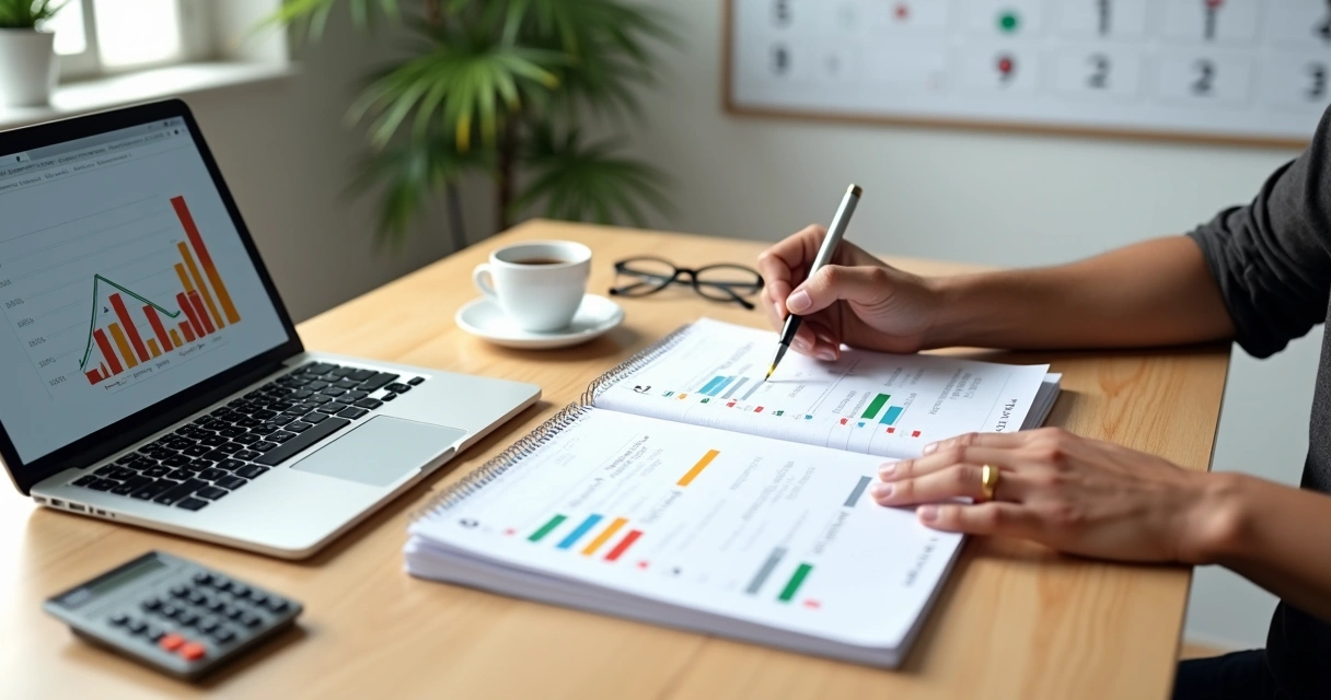 Empresário ajusta metas financeiras anuais em planner com gráficos e calendário 