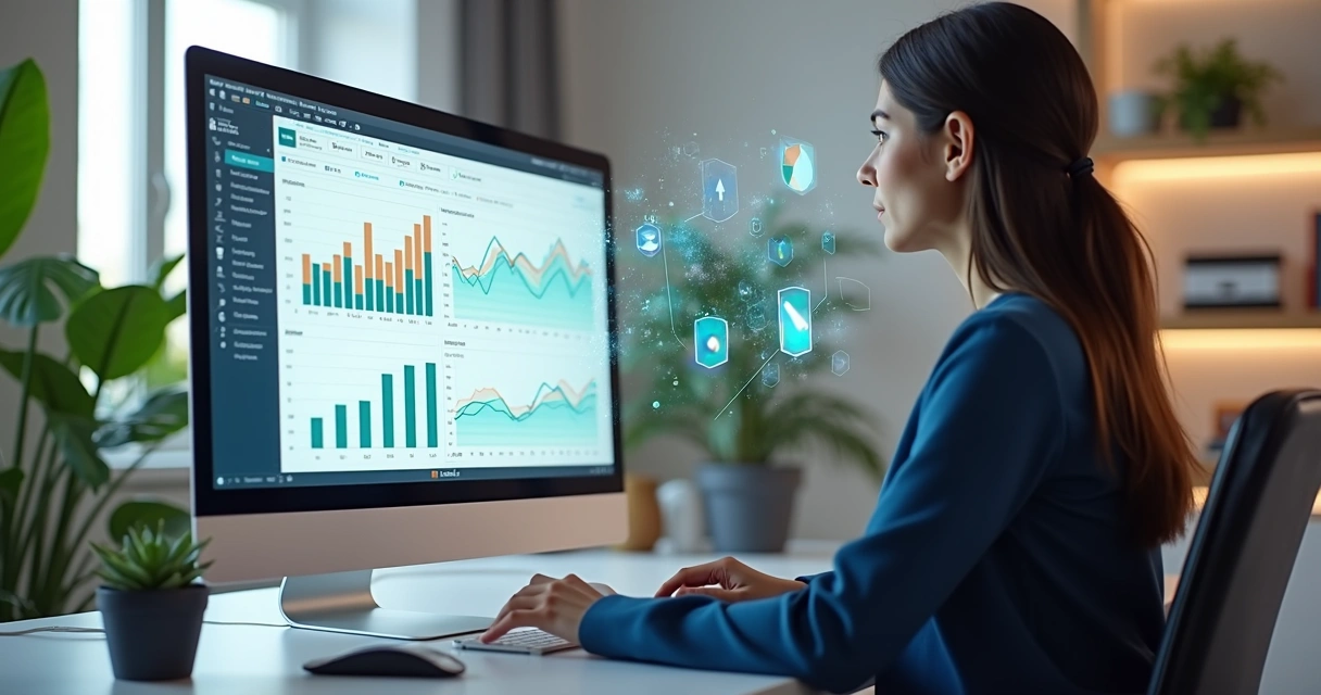 Pessoa analisando gráficos financeiros em tela de computador com assistente de IA em ambiente moderno e iluminado 