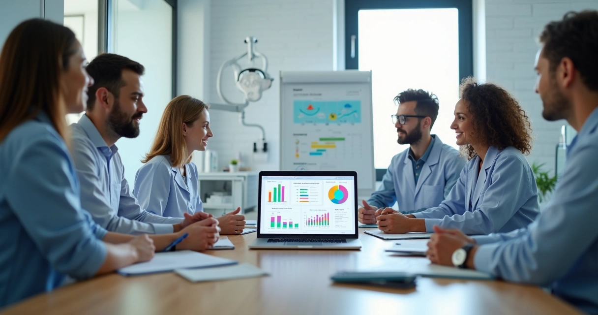 Clínica odontológica com equipe discutindo metas e indicadores de desempenho em reunião moderna com gráficos e computador 