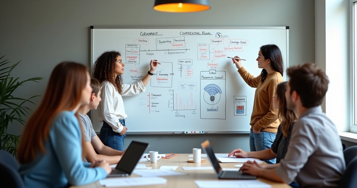 Equipe reunida escrevendo metas e planejamentos de marketing em quadro branco