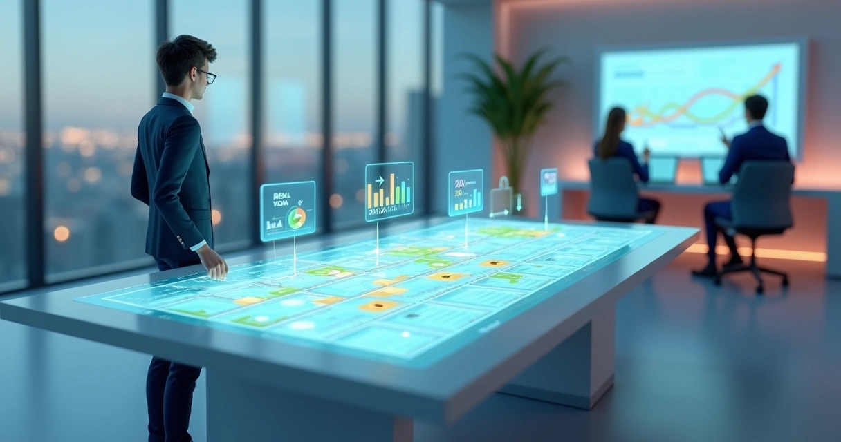 Gestor organizando metas semanais em painel digital com equipe ao fundo 