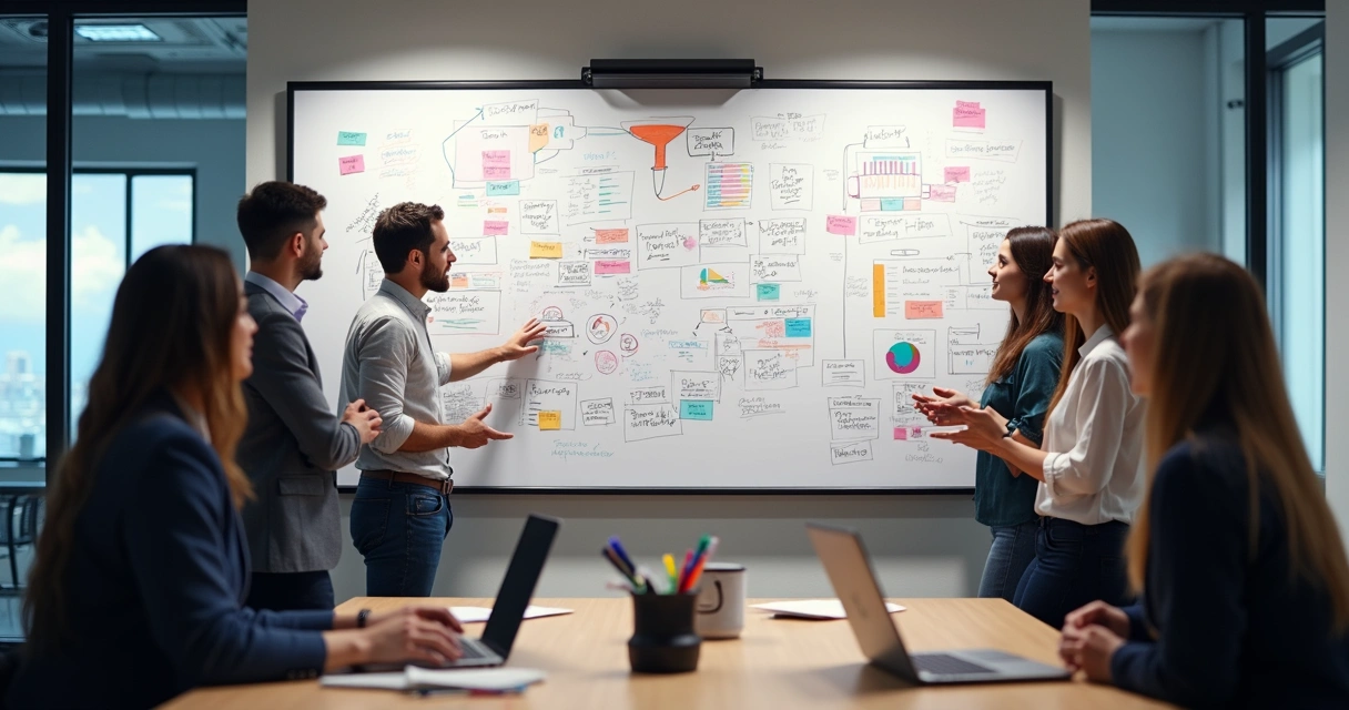 Planejamento de campanha de mídia paga com funil em quadro branco 