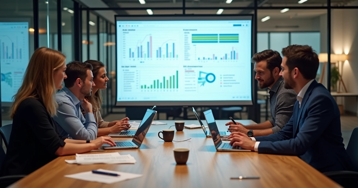 Equipe reunida ao redor de uma mesa com laptops, analisando cronogramas e fluxos de dados projetados em tela 