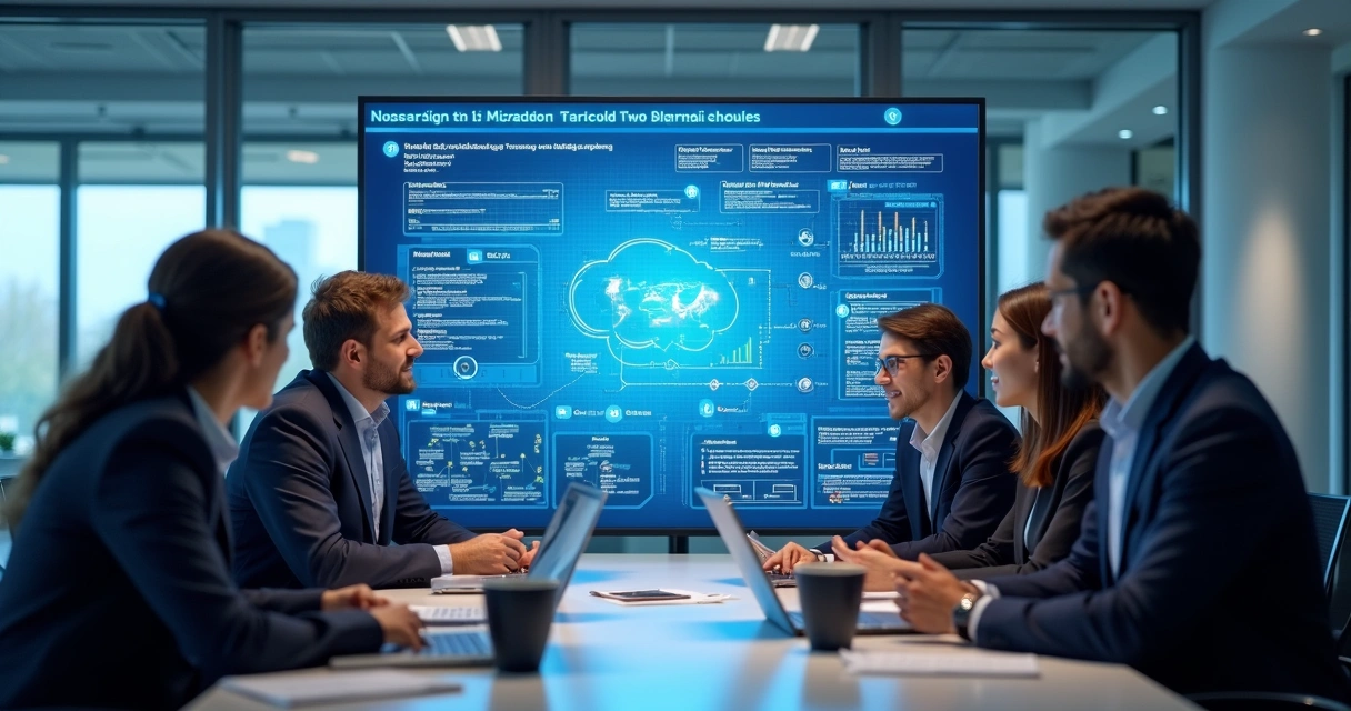 Equipe analisando quadro de planejamento de migração de dados