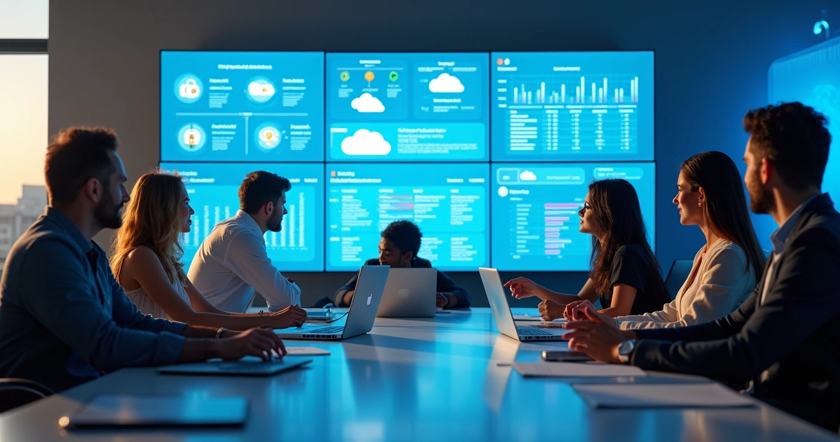 Equipe revisando planos de migração em frente a telas grandes 