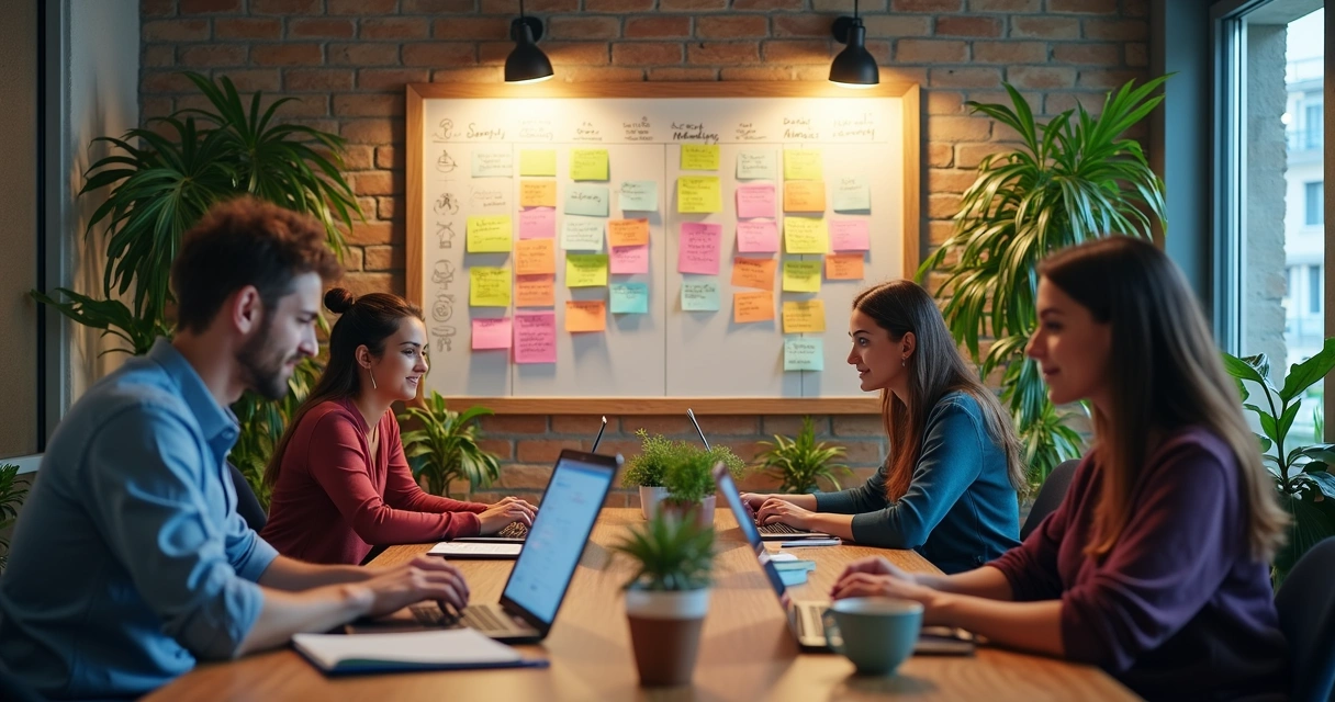 Equipe em coworking com laptops e quadro de tarefas 
