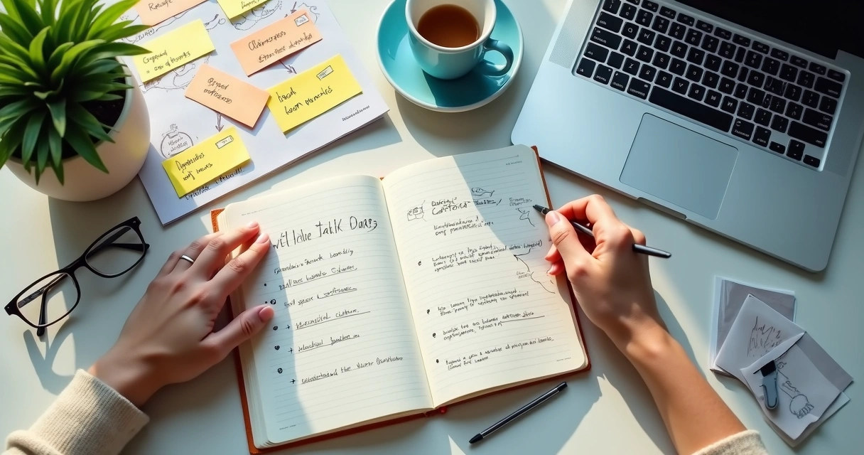 Pessoa organizando notas e mapa de carreira em uma mesa